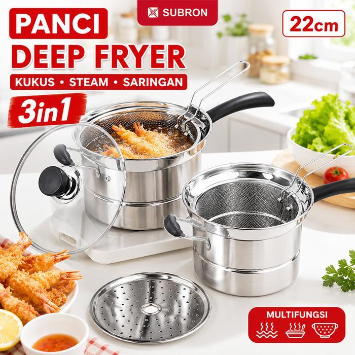 AA [EXCLUSIVE MBARINIY] SUBRON Panci 22cm Deep Fryer Rebus Kukus goreng Steam Saringan Multifungsi 3