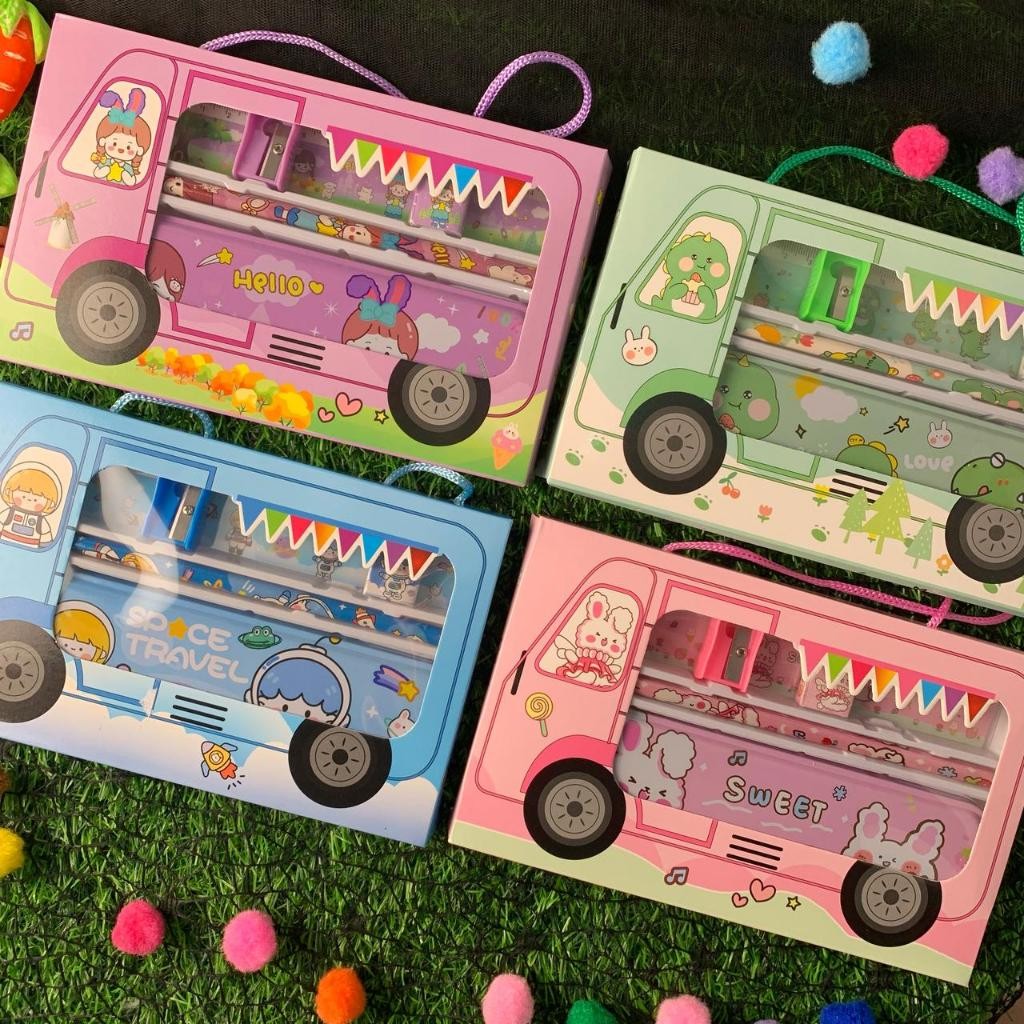 Set Alat Tulis Lucu Bentuk Bus Study Set 9909 Alat Tulis Anak Perempuan & Laki-laki