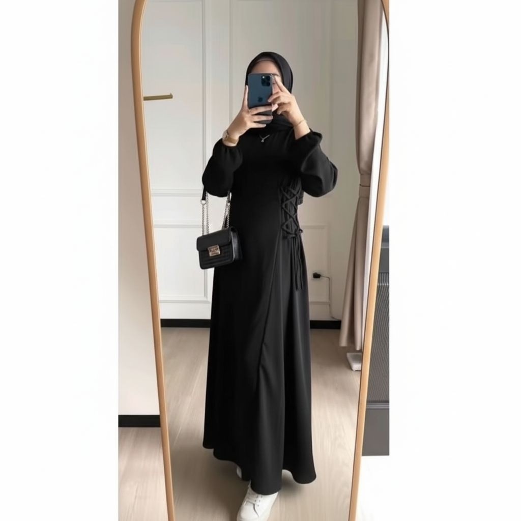 Dress Wanita Hitam Panjang Gamis Crinkle Serut Samping Elegant Korean Style