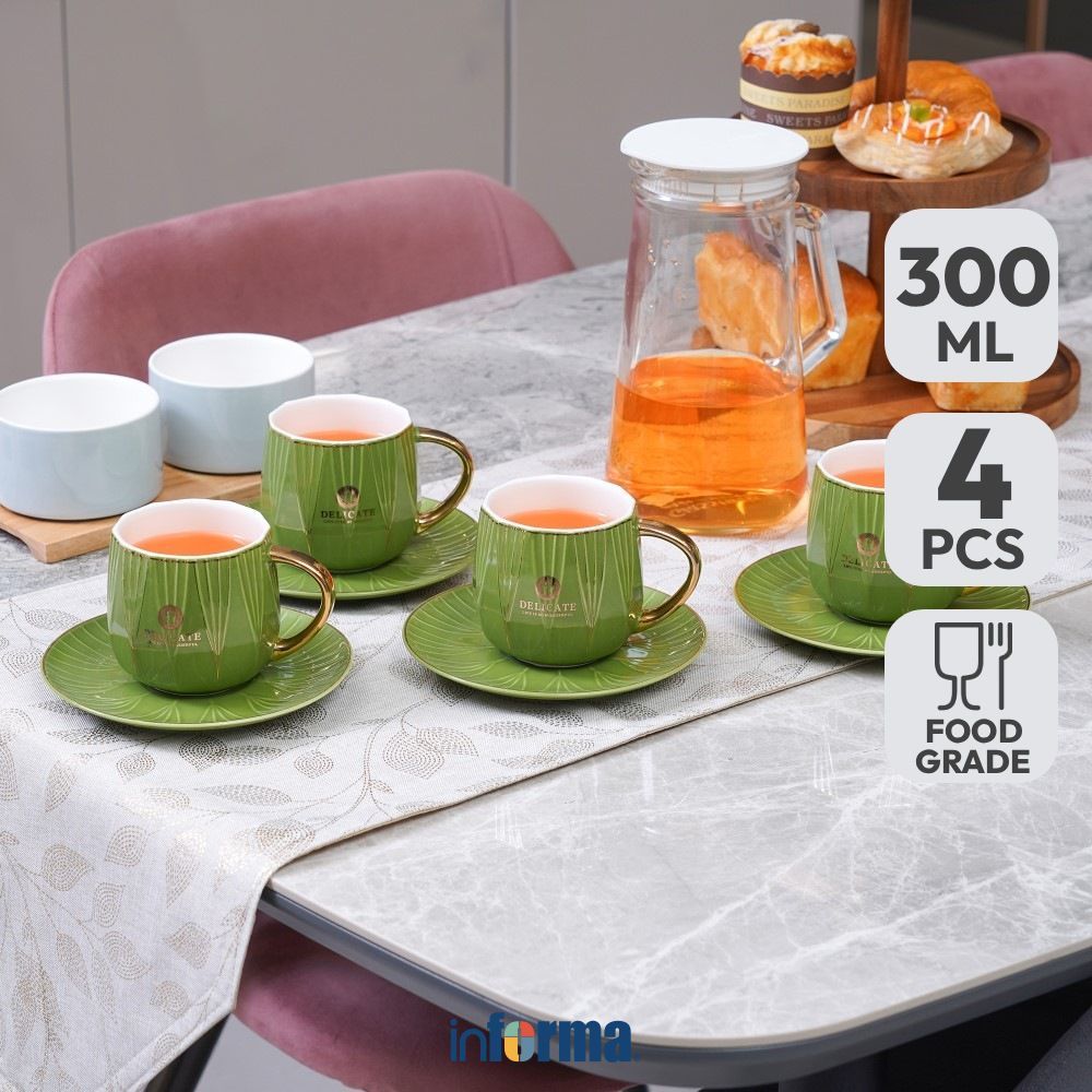 Informa Appetite Shally Cangkir Dengan Saucer Porcelain 300 ml Set 4 Pcs - Hijau Tea Cup Coffee Cup 