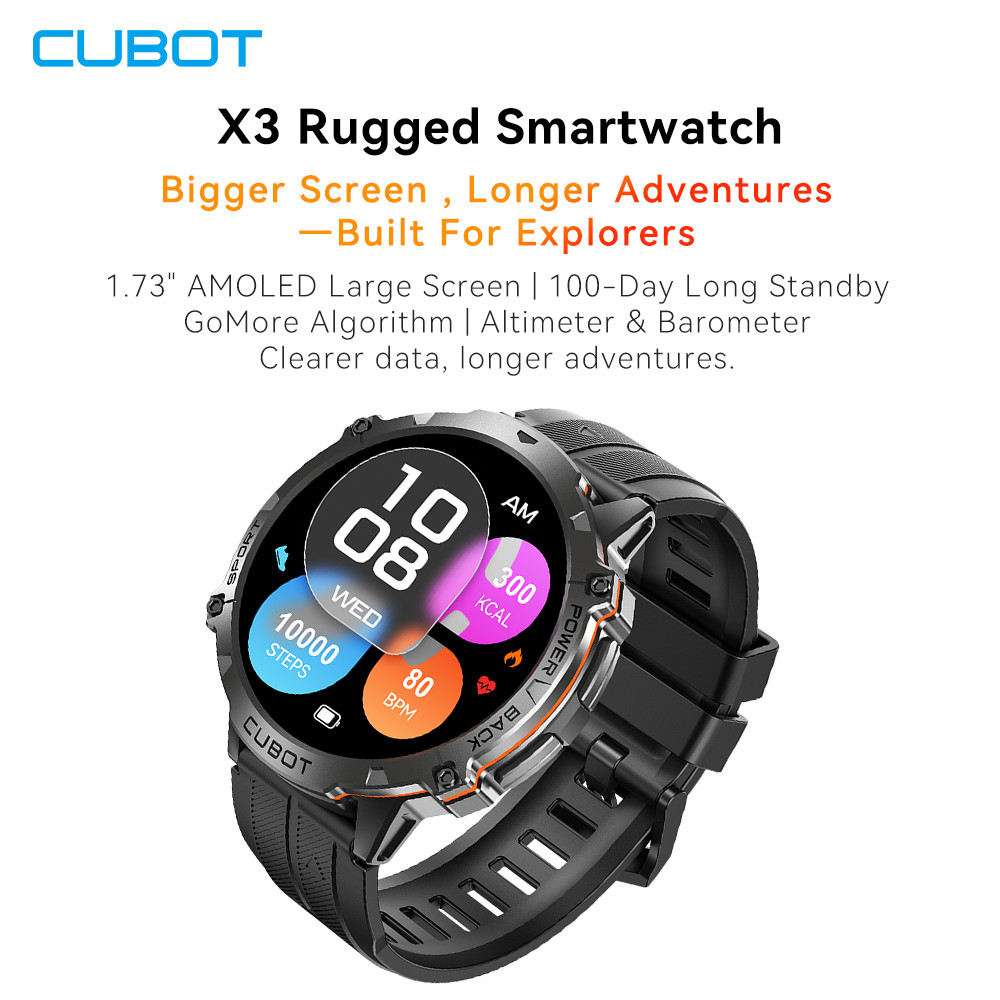 Cubot X3, Sport Waterproof Smartwatch, 1.73-inch AMOLED Display, Bluetooth Calls, 900mAh Battery, Bl