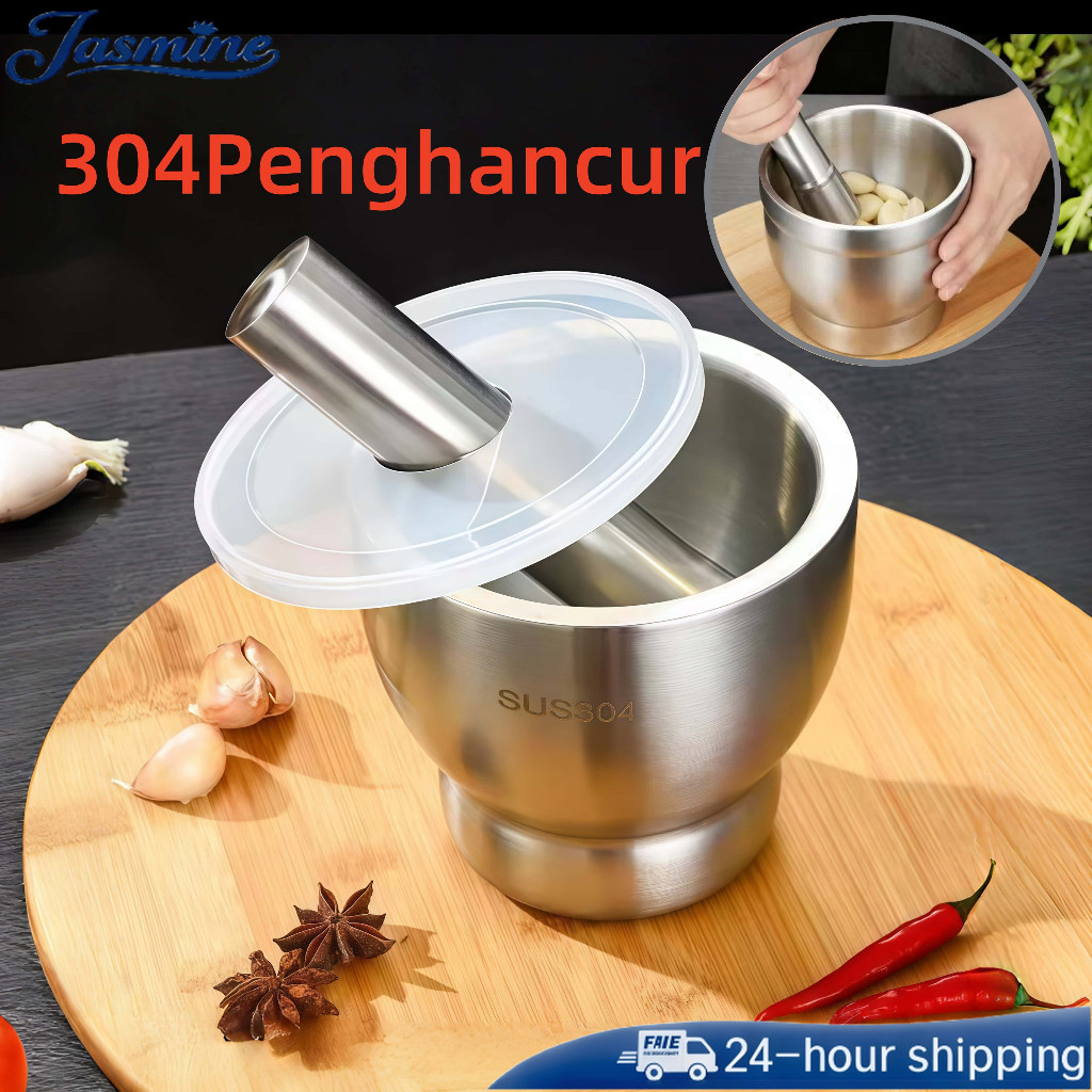 Cobek Stainless / ulekan Stainless / Tumbukan Bumbu Dapur Dengan Tutup/Mortar Pestle Tumbukan Bumbu 