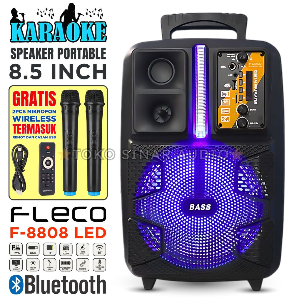 {CID} Speaker Bluetooth Karaoke Portable FLECO F-8808 LED + Free 2 Mic Wireless Ukuran 85inc Besar D
