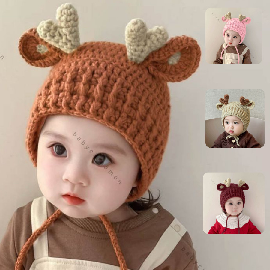 Kupluk Rajut Baby Rusa Kepang Bayi - 5 Tahun / Topi Ala Korea Import Premium Newborn Anak Laki Perem