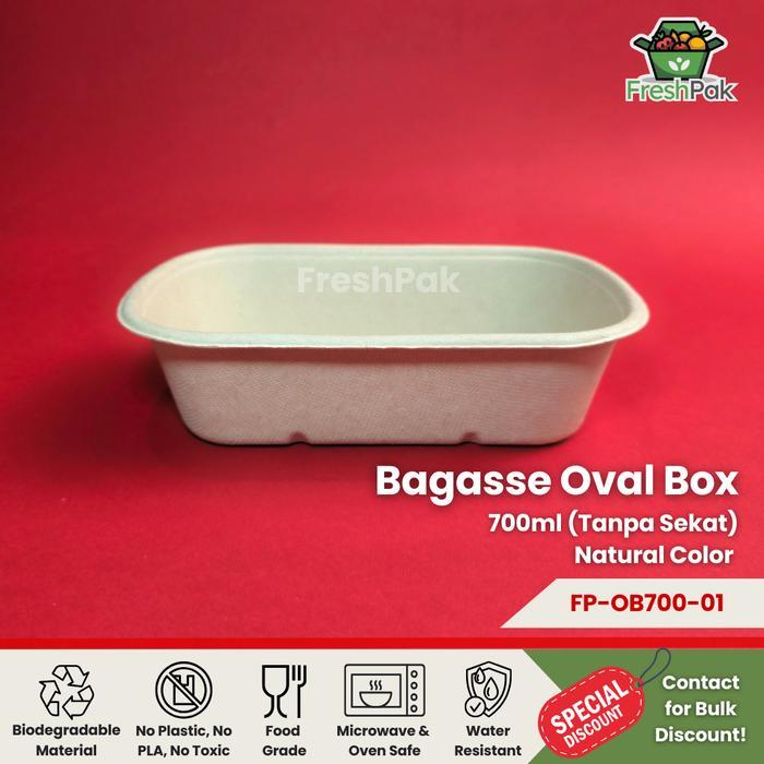 [50 Pcs] FreshPak Bagasse Oval Box 700 ml Sugarcane Eco Friendly Packaging - Bagasse