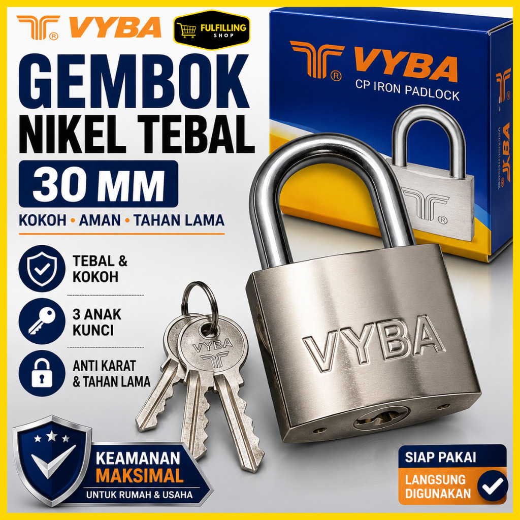 GEMBOK NIKEL VYBA 30MM 3 Anak Kunci Kuat untuk Rumah & Gudang
