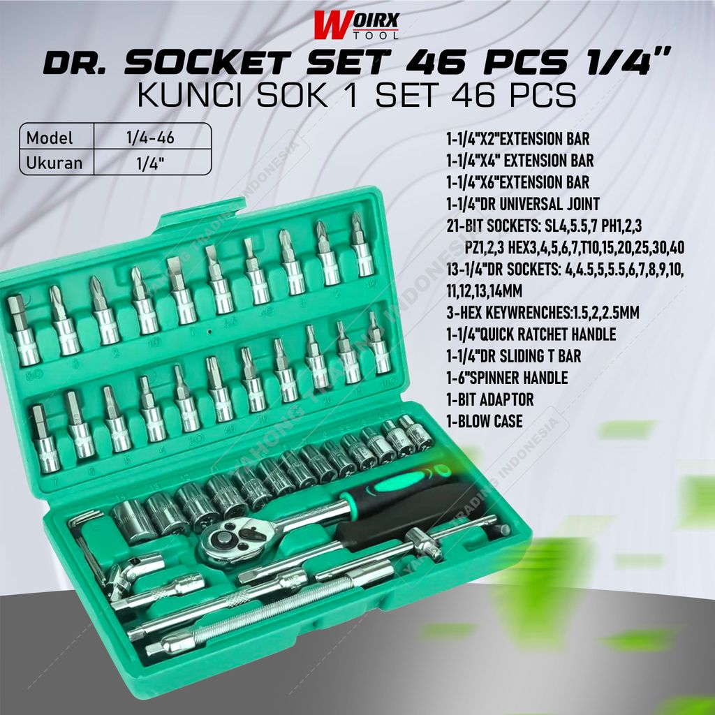 Kunci SOK 46 PCS in 1 Set Socket 1/4" inch Kunci Sock Full Lengkap Socket Tool kit WOIRX TOOL