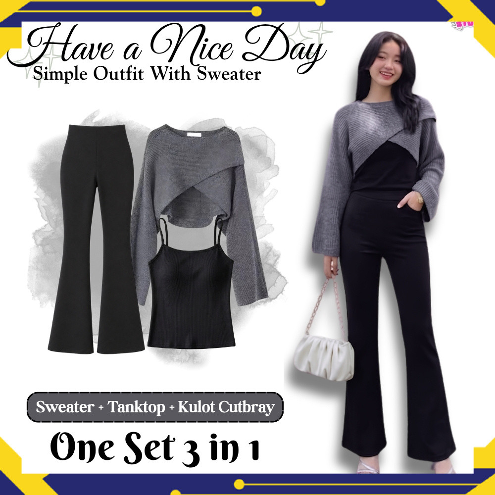 Setelan Outfit Sweater Grey Korean Style OOTD 3 in 1 (Sweater + Tanktop + Kulot Cutbray) Tampil Modi