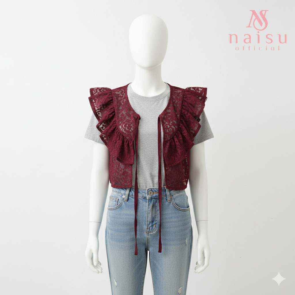 Reef outer wanita brukat ruffle cardi lace lengan pendek ZH838