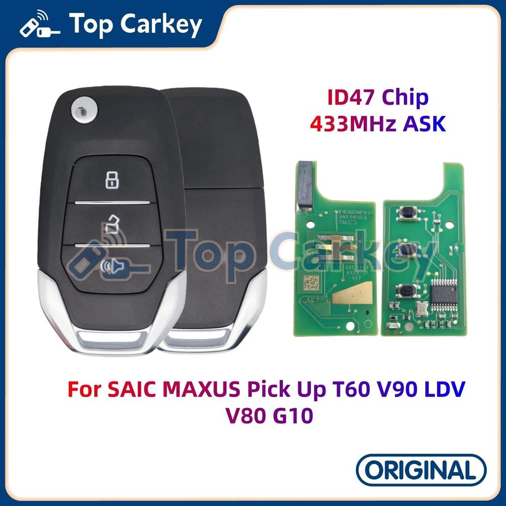 TopCarkey Kunci Remote OEM Asli dengan Chip ID47 433MHz untuk SAIC MAXUS Pick Up T60 V90 LDV V80 G10