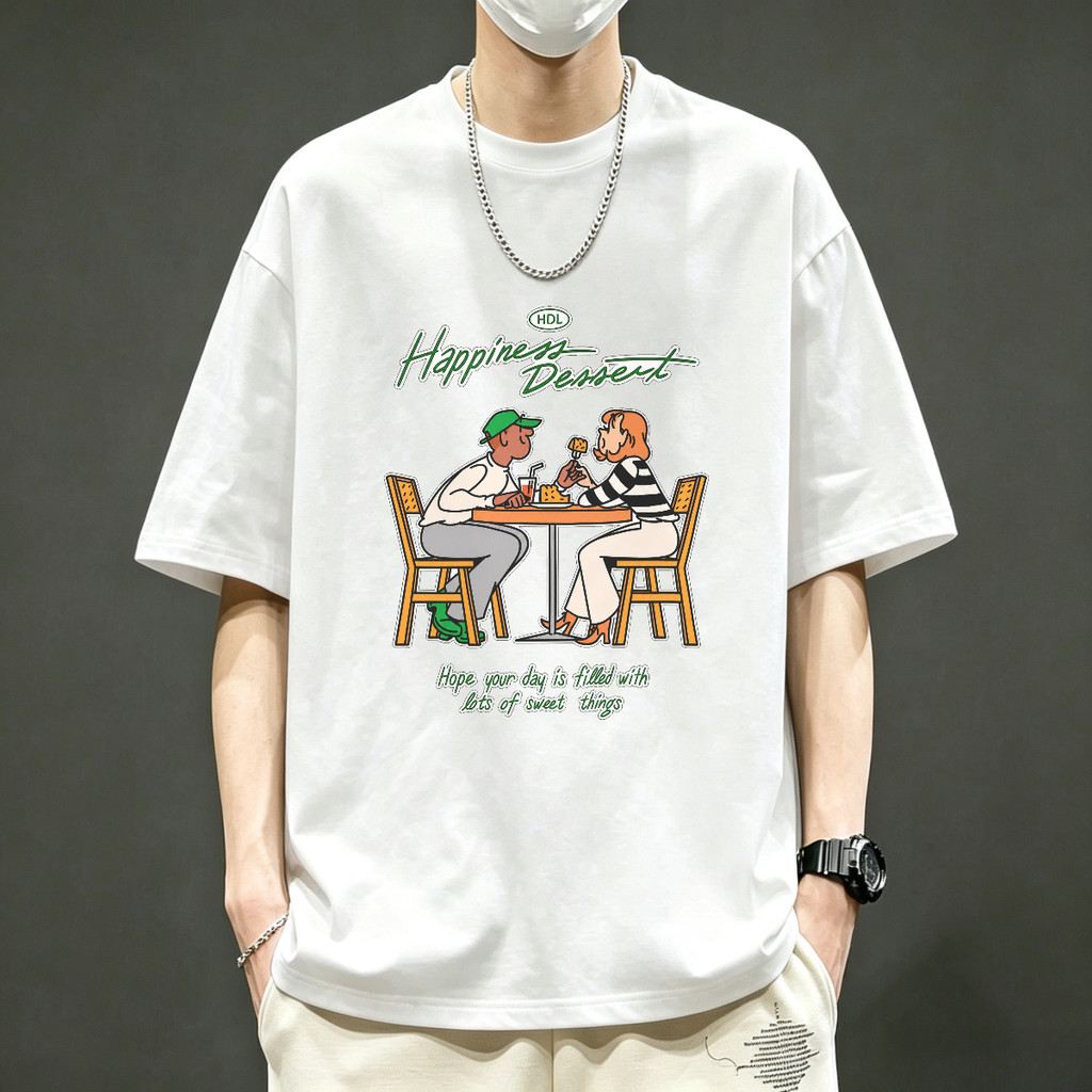 Kaos Couple Happiness Dessert Kaos Pria Kaos Wanita Kaos Casual Lengan Pendek Desain Pasangan Menikm