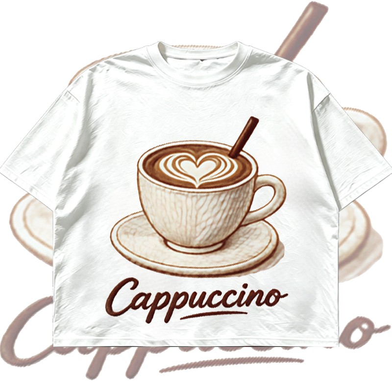 [COD] Kaos Wanita Korea Oversize Lengan Pendek Motif Kopi Cappuccino Latte Art Gaya Retro Manis