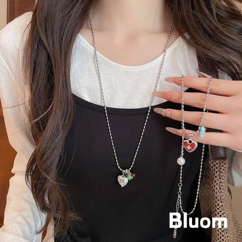[Bluom] Kalung Leher Wanita Desain Hati Email Permata Kaca Mutiara Eropa Amerika Mewah Kecil Fashion