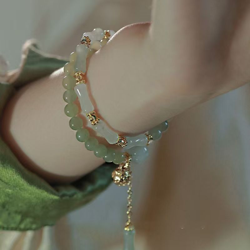 ADN Gelang KALUNG Bambu Giok untuk Wanita – Gelang Manik Labu Giok Sutra Emas Bergaya Retro CANTIK
