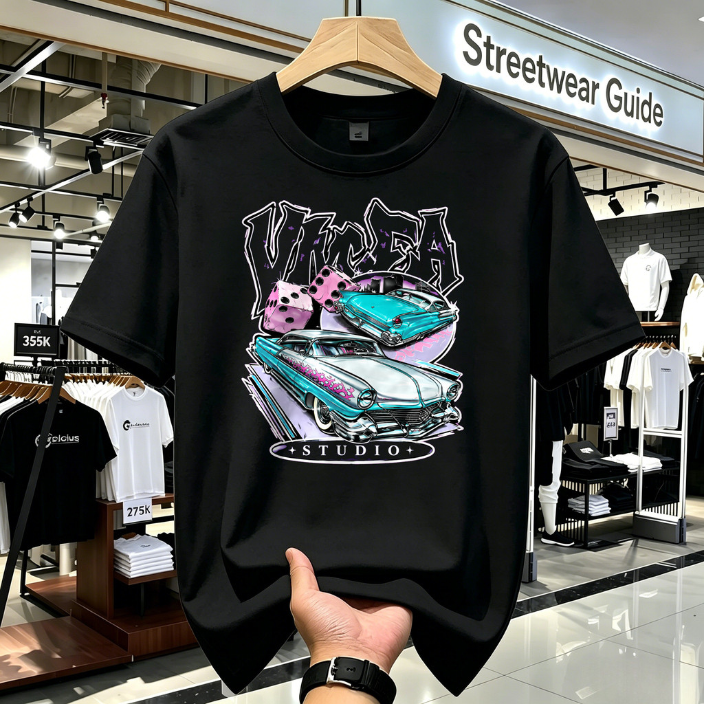 Kaos Pria Lengan Panjang Vintage Venice Studio Mobil Klasik Hitam Gaya Retro American Style T Shirt 