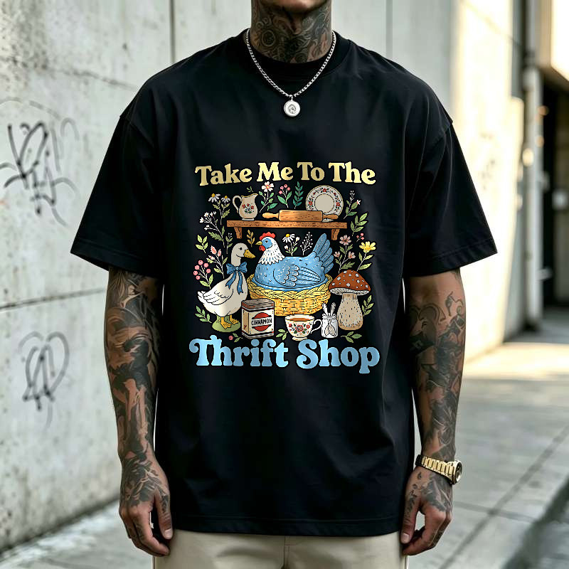 Kaos Oversize Vintage Take Me To The Thrift Shop, T-Shirt Unisex Motif Bebek Ayam Jamur Cottagecore,