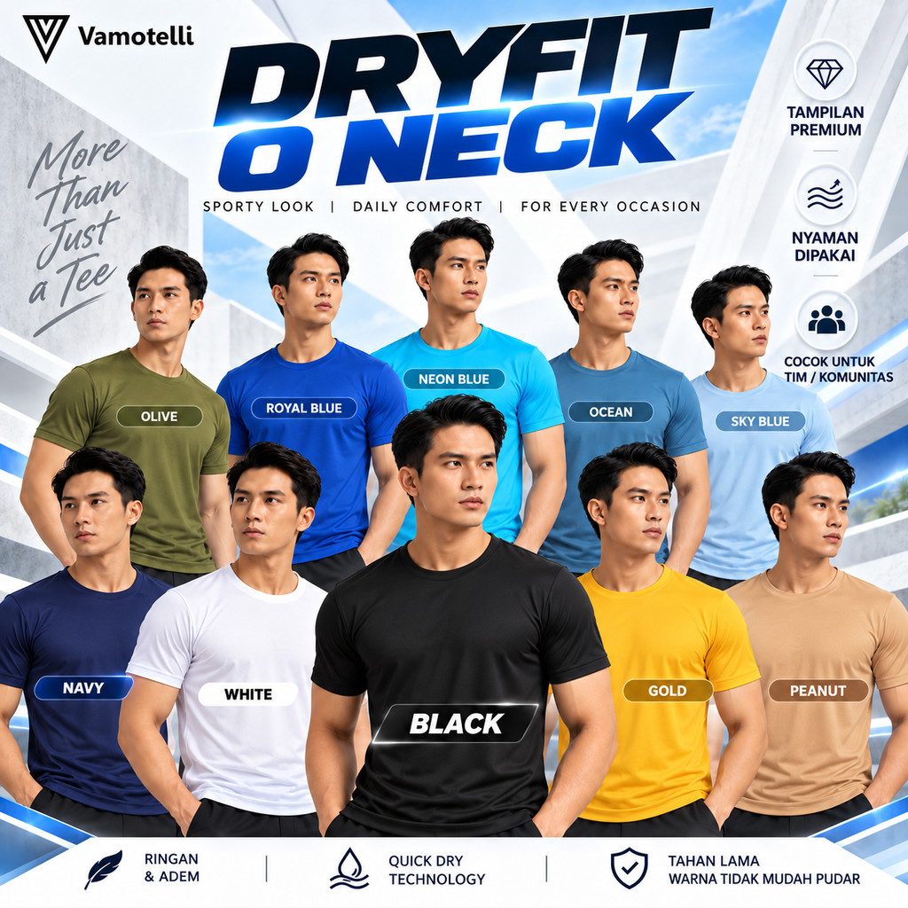 VAMOTELLI Kaos Dryfit O Neck Oblong Polos Size S-5XL | Warna Lengkap Blue Navy Black White Quick Dry