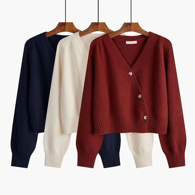 Jaket kardigan wanita, atasan sweater pendek longgar untuk pakaian luar