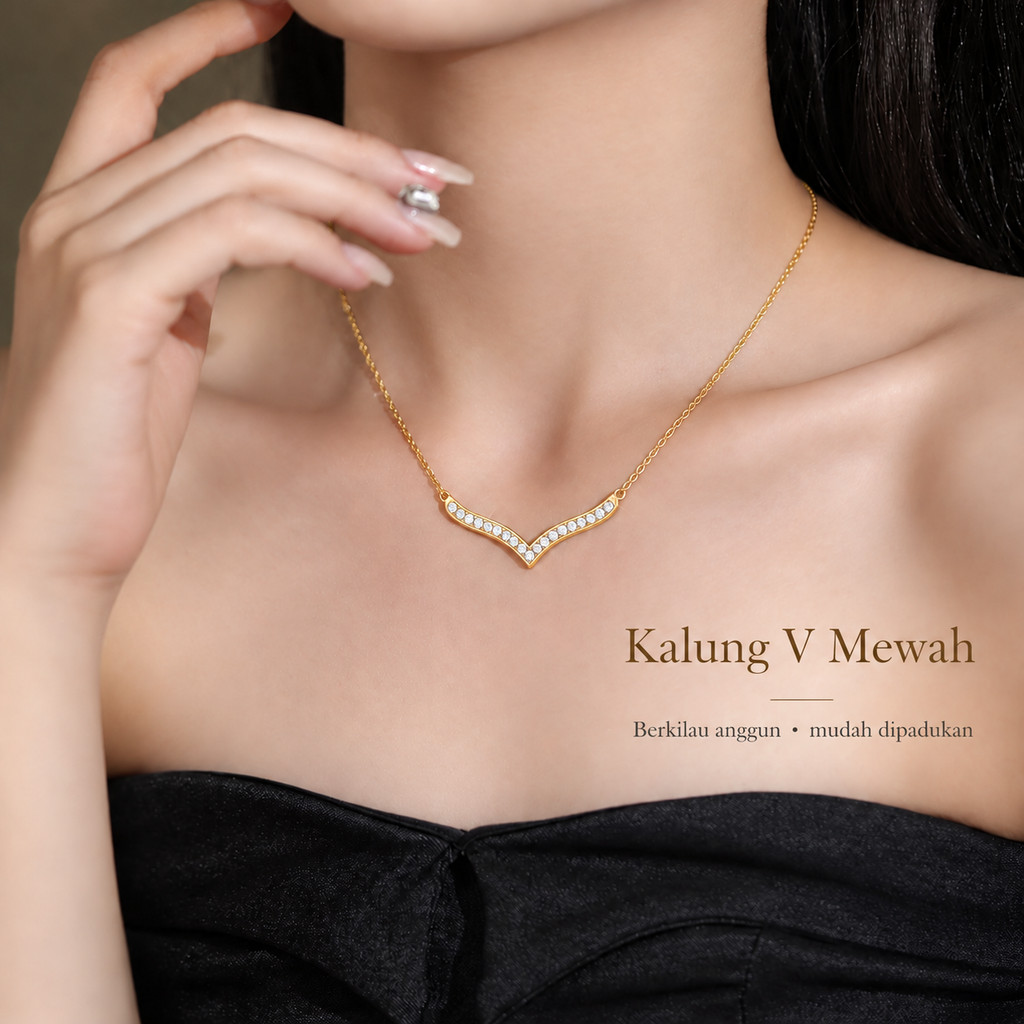 Kalung Titanium Wanita Huruf V Gaya Korea Elegan Minimalis Warna Emas Perak-MIMOLI