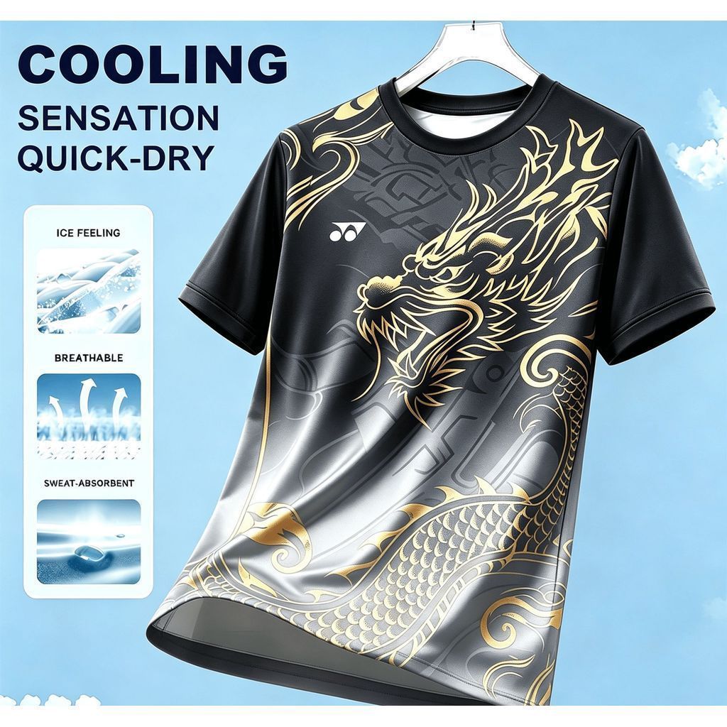 Kaos Jersey YONEX Dryfit Cooling Motif Naga Emas Premium Baju Olahraga Lengan Pendek