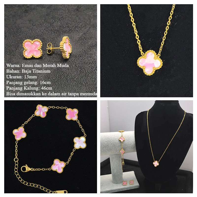 Set tiga potong perhiasan wanita semanggi empat daun titanium vintage (anting-anting + kalung + gela