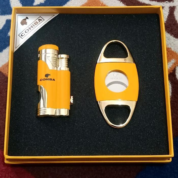 Cohiba set lighter dan cutter cigar - 2 jet torch with gift box - Kuning by Bunga indah