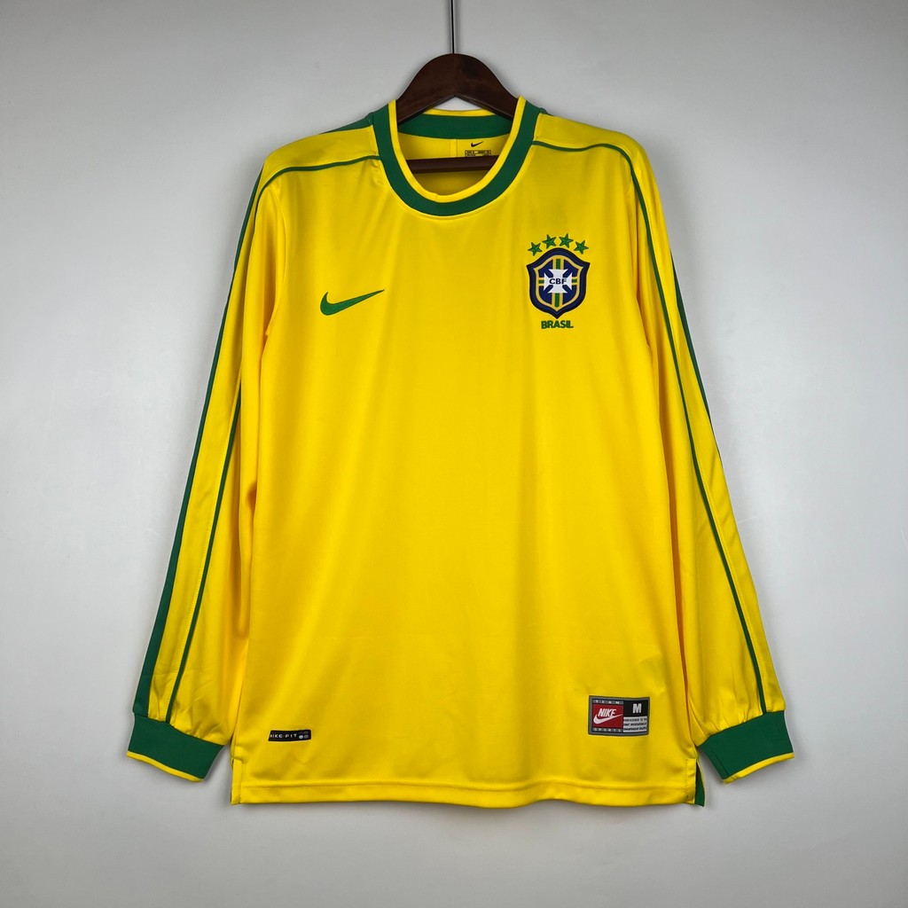 Jersey Retro Long Sleeve Brazil 1998 Home A45 T shirt pria