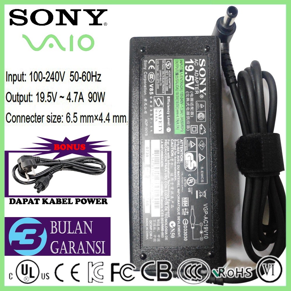 Adaptor Charger Casan Original Laptop Sony Vaio 19.5V 4.7A 90W TV LED Sony Bravia 19"22"24"32"42"55 