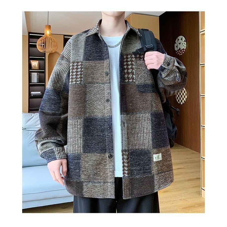 Jaket kotak-kotak serbaguna kasual pria Jaket kerah longgar gaya Korea