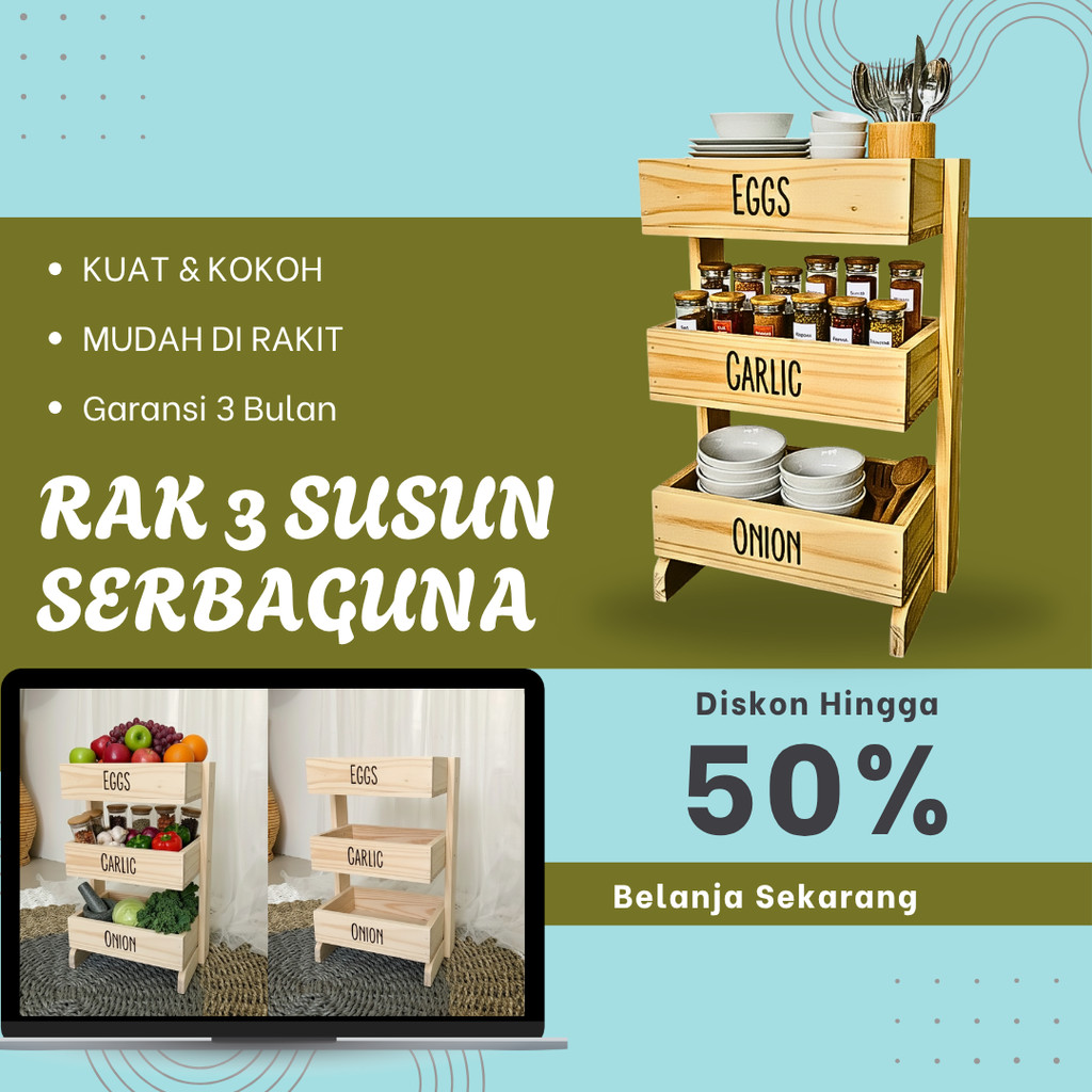 RAK BUMBU SAYUR 3 SUSUN BAHAN KAYU JATI BELANDA
