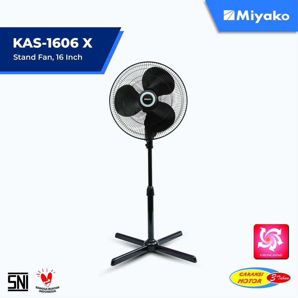 Miyako KAS-1606X Kipas Angin - Warna Putih / Hitam Besi Stand Fan Kipas Berdiri 16 Inch 3 Baling Kec