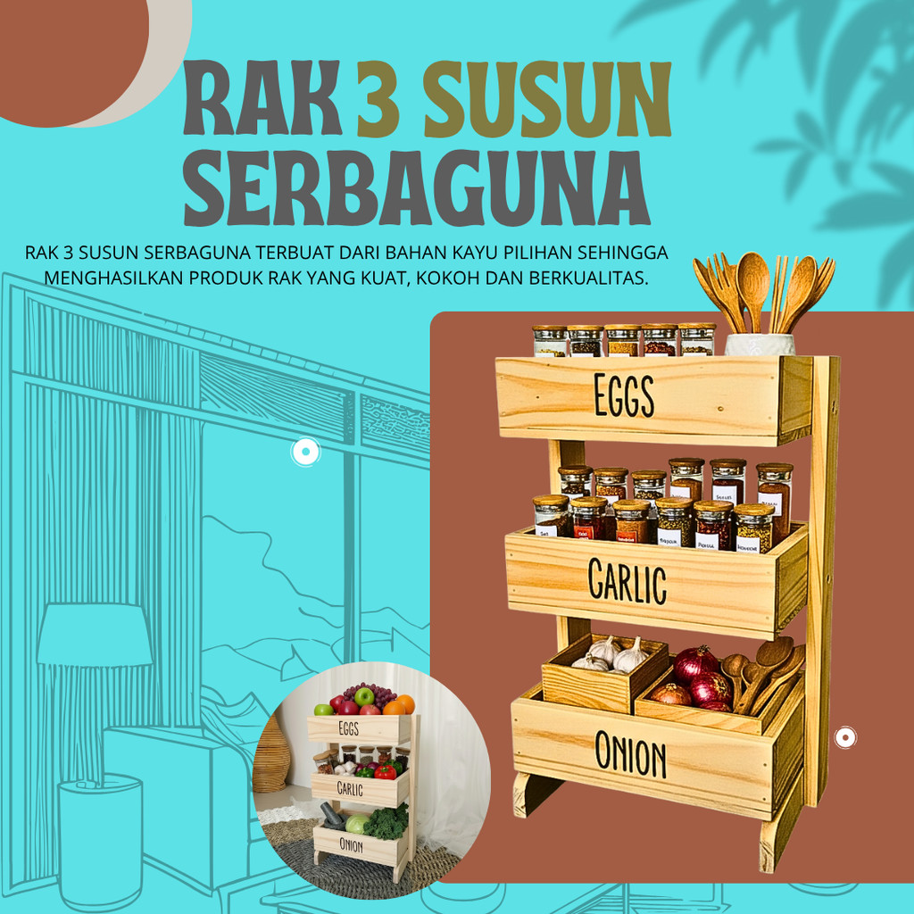 Rak bawang kayu 3 susun / Rak dapur / Rak kosmetik/ Rak perkakas/ Rak bawang