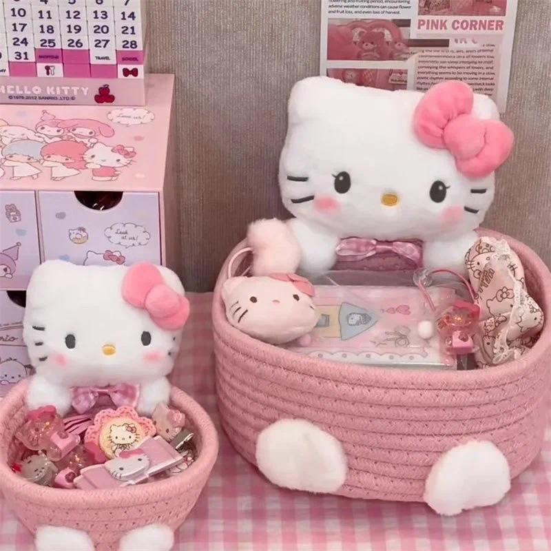 Hello Kitty Storage Basket Cute Makeup Organizer Kawaii Desktop Snack Bin For Bedroom Home Decor Gif