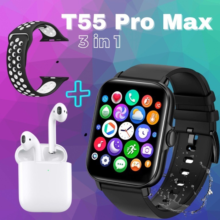 Smartwatch T55 PRO MAX Jam Tangan Olahraga Pria Wanita free 2 Tali dan Airpods COD Jam Tangan Pria/W