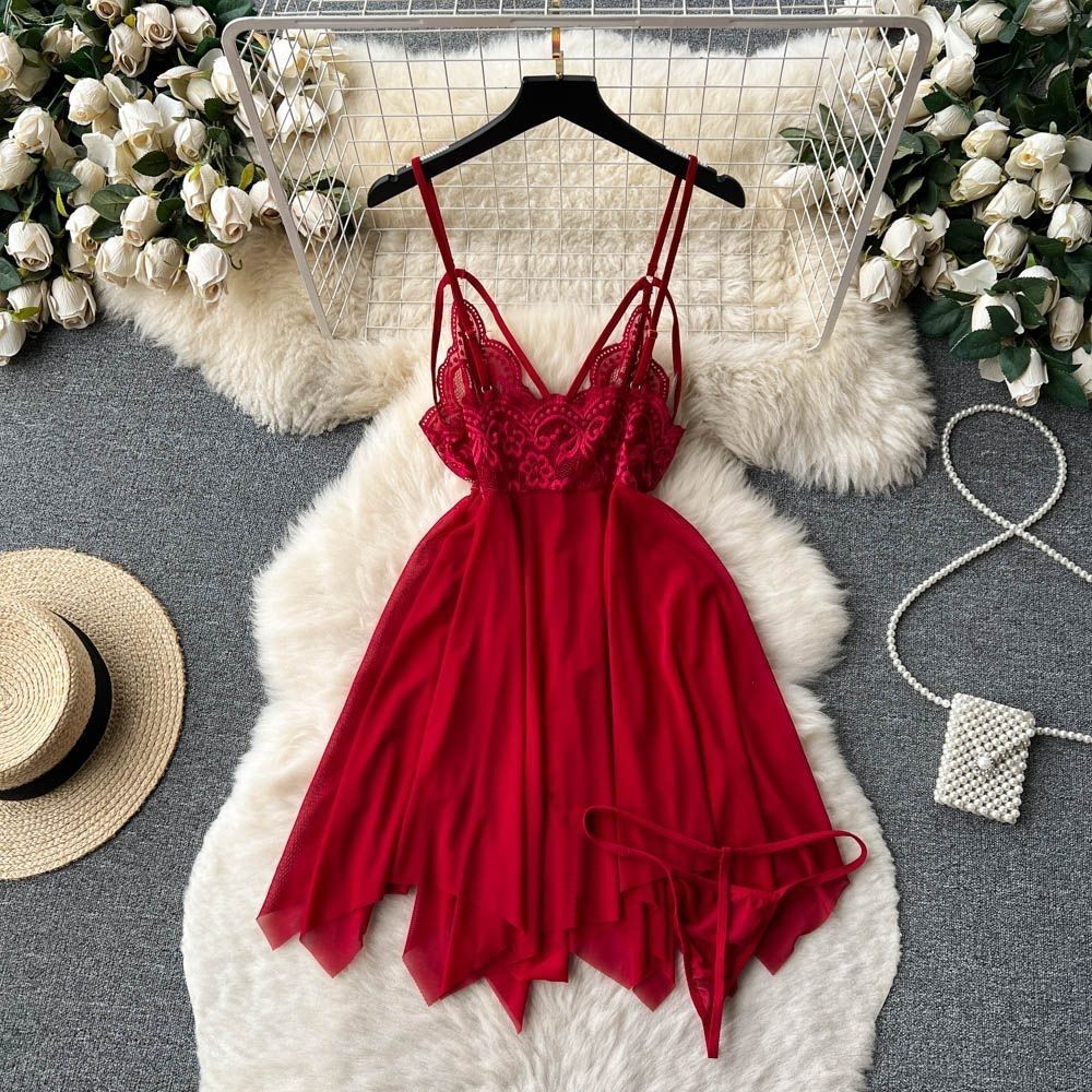 Baju tidur suspender Prancis wanita mesh renda berongga gaun loungewear