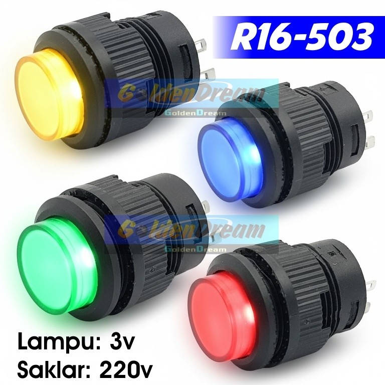 GRD - R16-503 - Saklar Push Button 16mm 4 Pin dgn Lampu LED - Sakelar Tekan ON OFF Self Locking / Mo