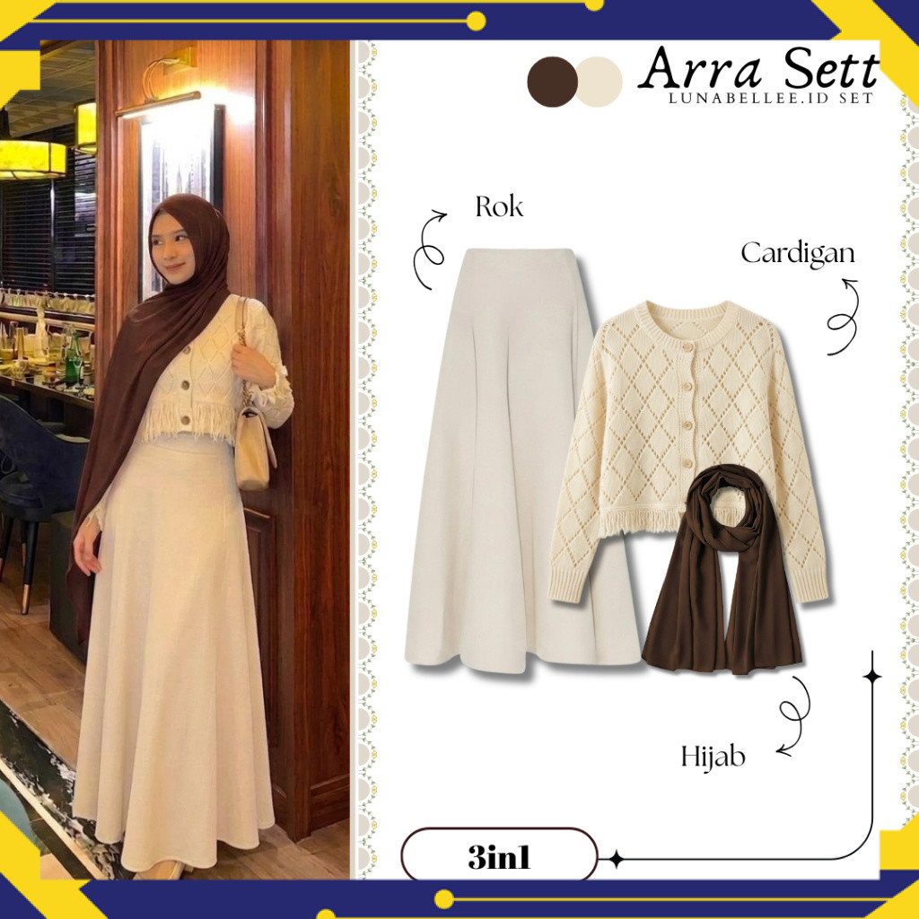 Arra Set 3in1 [Cardigan rawis, Rok Jodda, Pashmina] Outfit simple elegant | Outfit semi formal SF117