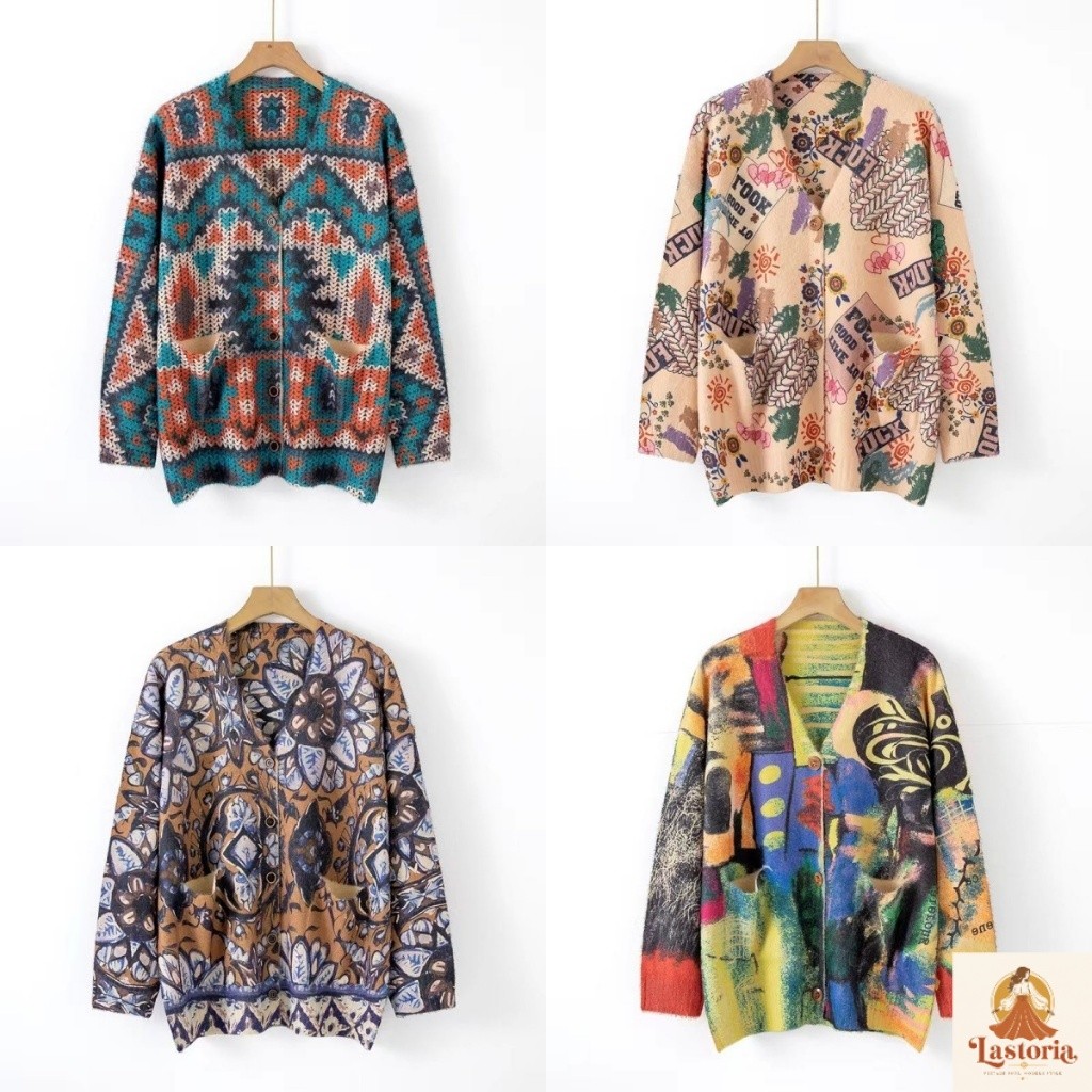 Rita Premium Kardigan Knit Lembut Motif Retro Lastoria Fashion