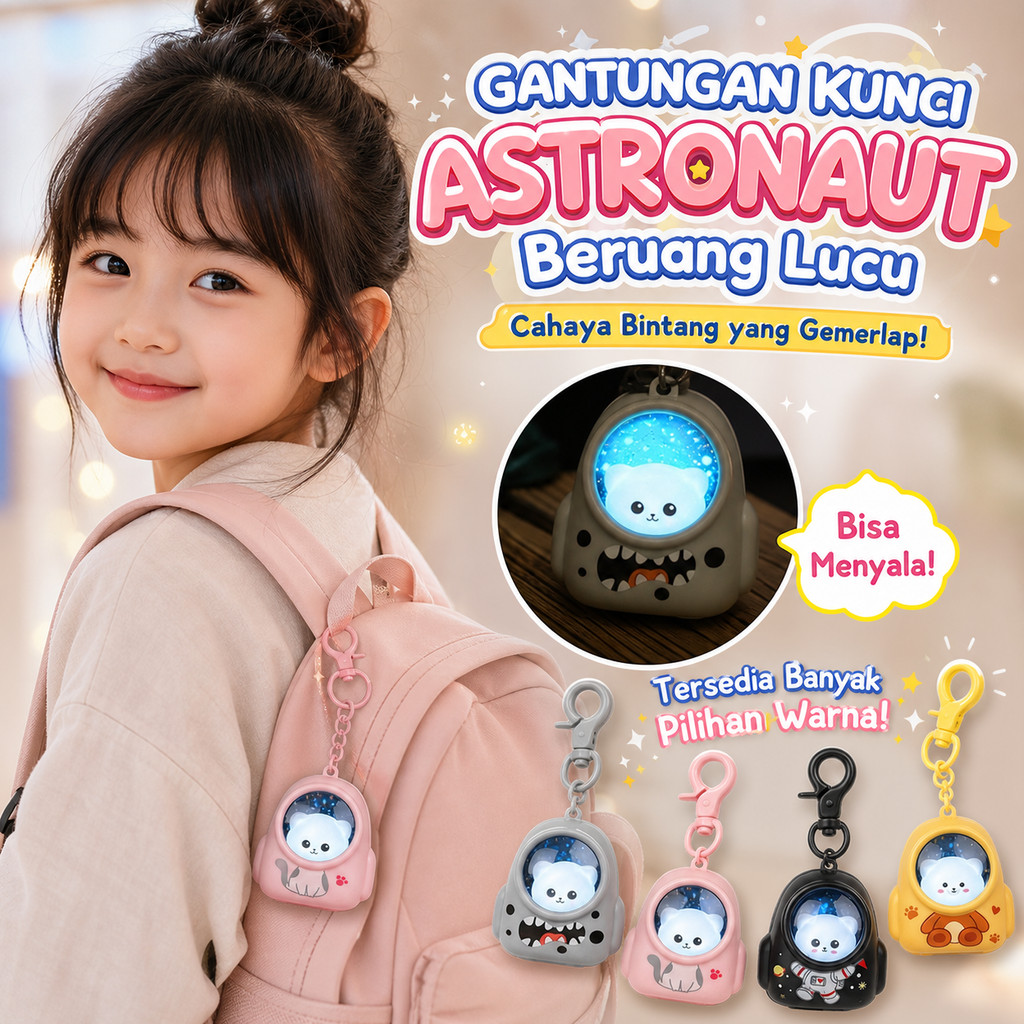 Gantungan Kunci 3D Kucing Astronot LED Lampu Malam Aksesoris Tas Backpack