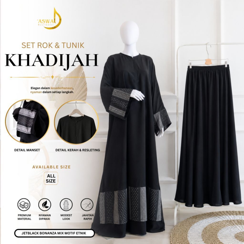 One Set KHADIJAH by Aswad - Set Rok dan Tunik - Tunik Batwing Set Rok Payung Bahan Jetblack Premium