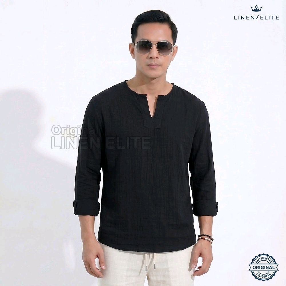 LINEN.ELITE Atasan Baju Linen Pria Baju Katun Linen Pria Dewasa Santai Setalan Koko Pria Baju Casual
