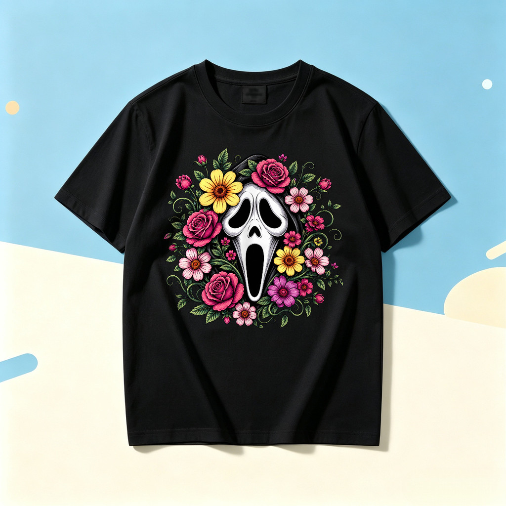 Kaos Wanita Kaos Retro Amerik Motif Tengkorak Putih Dikelilingi Bunga Mawar Dan Bunga Warna Warni Ga
