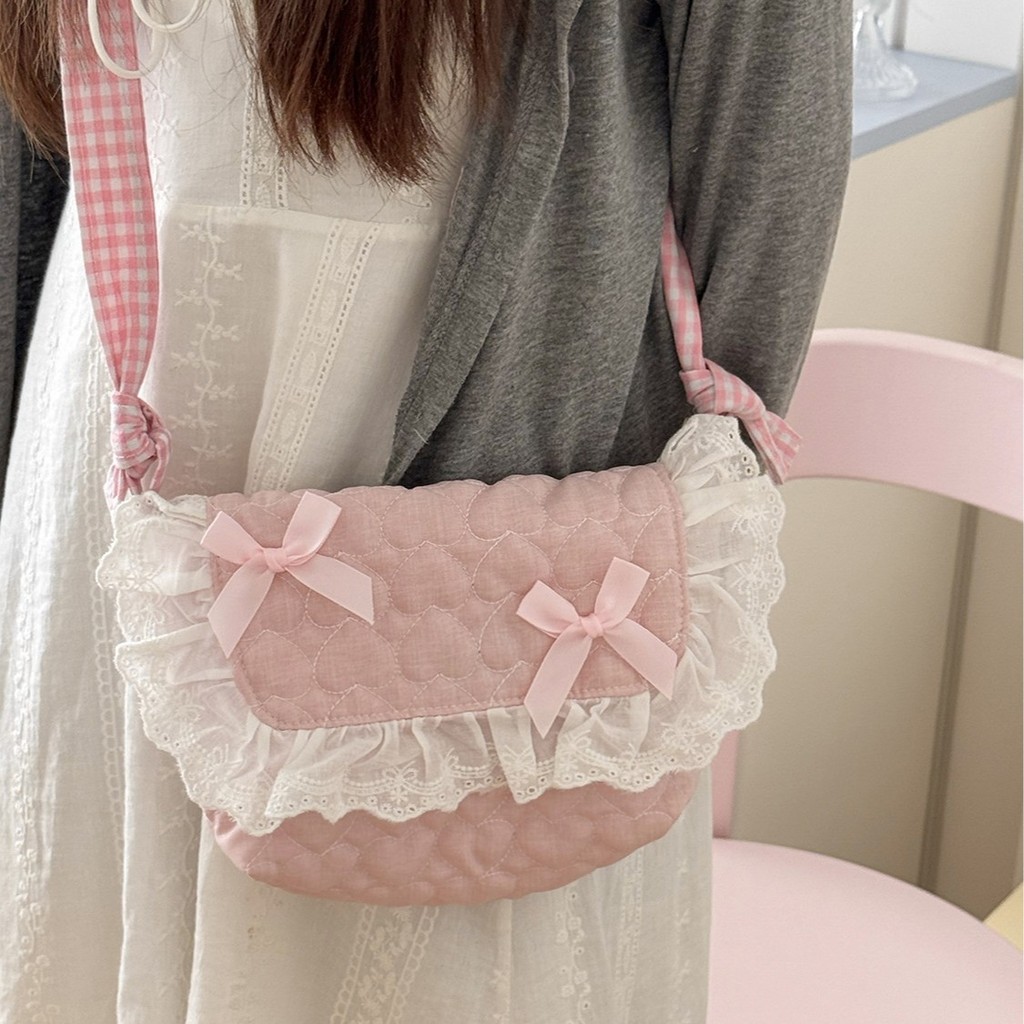 Pure Pink Sweetheart Crossbody Bag, Heart-Shaped Quilted Storage Bag, Portable Shoulder Bag