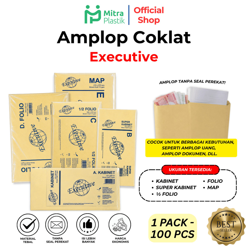 Amplop Coklat Executive Isi 100 PCS | Ukuran Kabinet Super Kabinet Folio dan Map Envelope Cokelat