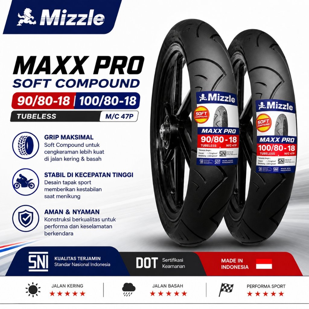 BAN MOTOR RING 18 MIZZLE 90/80-18 & 100/80-18 MAXX PRO SOFT COMPOUND TUBELESS