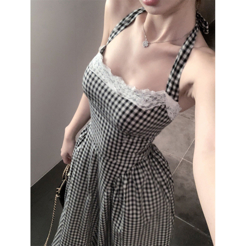 Crunchy Brulee Dress Wanita Plaid Lace Patchwork Strapless Waist Slim Fit Maxi Dress French Vacation