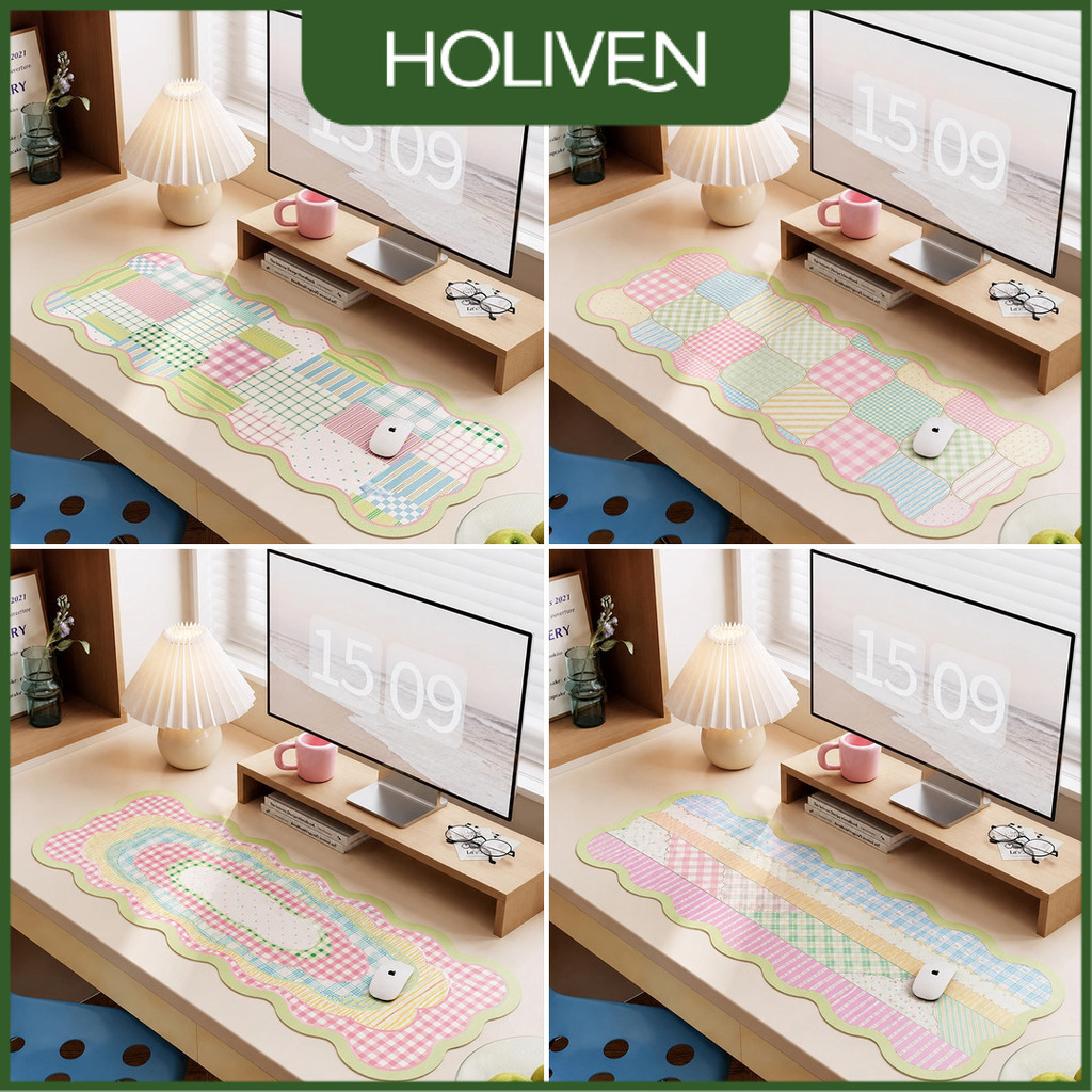 Holiven Mousepad Panjang Patchwork Pastel Scallop Deskmat Tahan Minyak Alas Keyboard Tahan Air Custo
