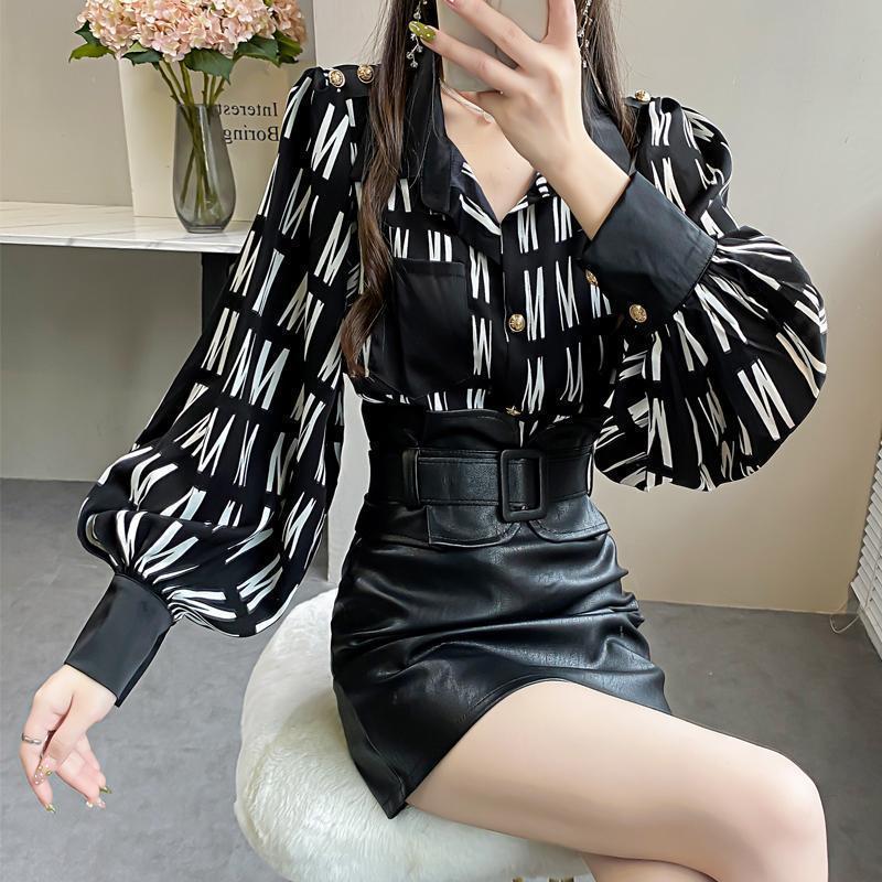 Blus Wanita Bahan Sifon Motif Huruf, Kerah Balon, Lengan Longgar, Model Atasan 2026