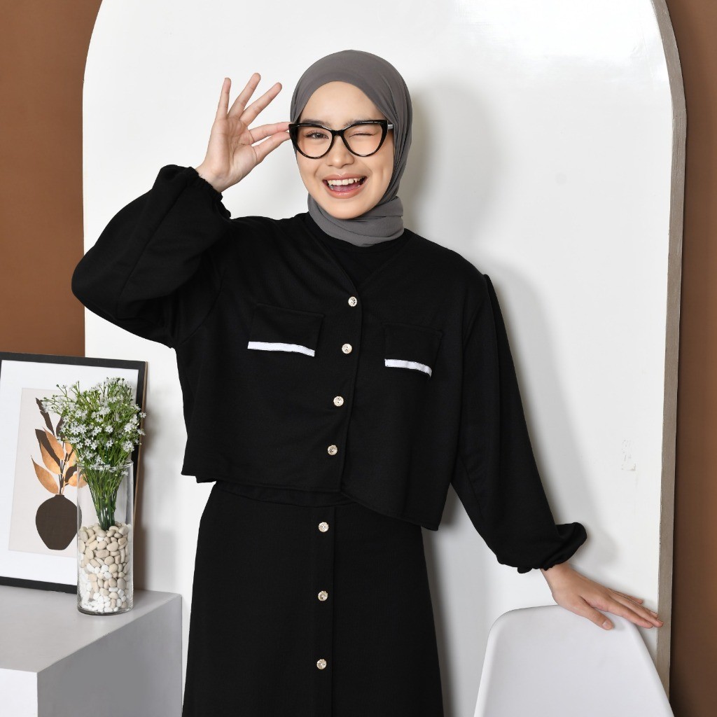 Mybamus Luna  - Setelan Atasan Crop Rok Wanita - One Set Crop - Rok Kancing - Outer Crop