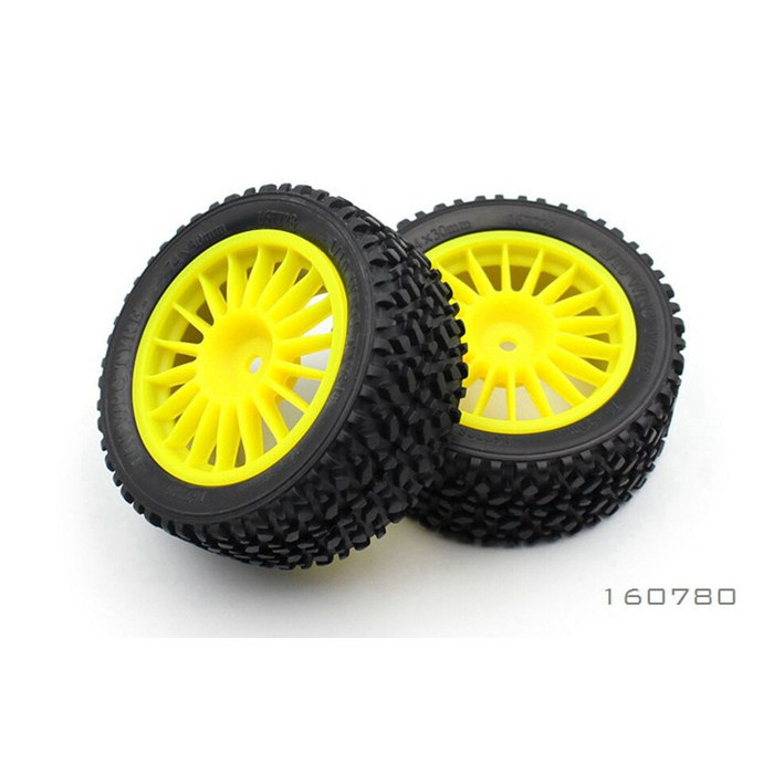 BRC 1/10 RALLY YELLOW REAR TYRE AND RIM (PREGLUED) 75X32MM (2)